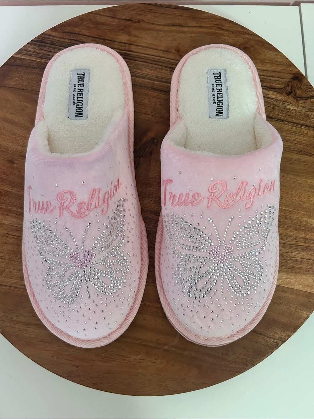 True Religion Pink Butterfly Crystal Slip-On Slippers